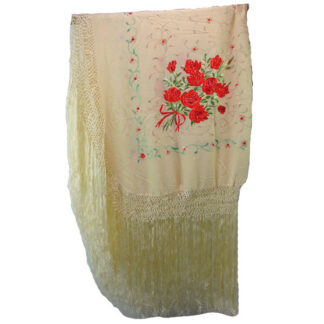 Shawl- With Embroidered Roses features heavy rose embroidery on soft cream chiffon (polyester). measures 44 inches wide and 45 inches long.