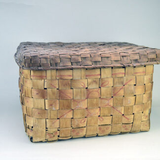 Antique Basket- Ash Large Stamped. 11 inches high with the lid on and measures 18 inches long by 15 inches wide. splints have cracked or broken with age.