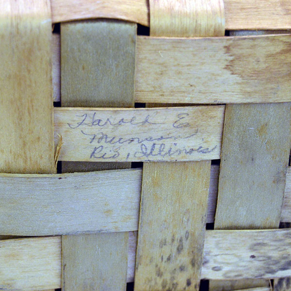 Basket- Large Ash Picnic with lid. basket stands 11"high with the lid on (not including the handle) and measures an impressive 22" long by 15" wide. Harold e Munson on the bottom.