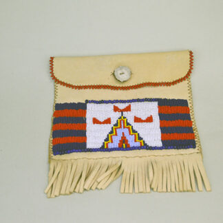 Beaded smoked deerskin leather belt pouch front view with beaded pictural design.