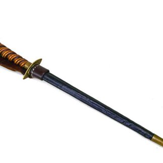 dagger and sheath set features a bold wood spiral‑carved handle. The over all length is approximately 16 inches. One of a Kind.