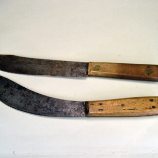 vintage two‑knife set showcases 4.5‑inch wooden handles. one straight, one buffalo skinner. Each knife measures 12 inches overall. one of a kind