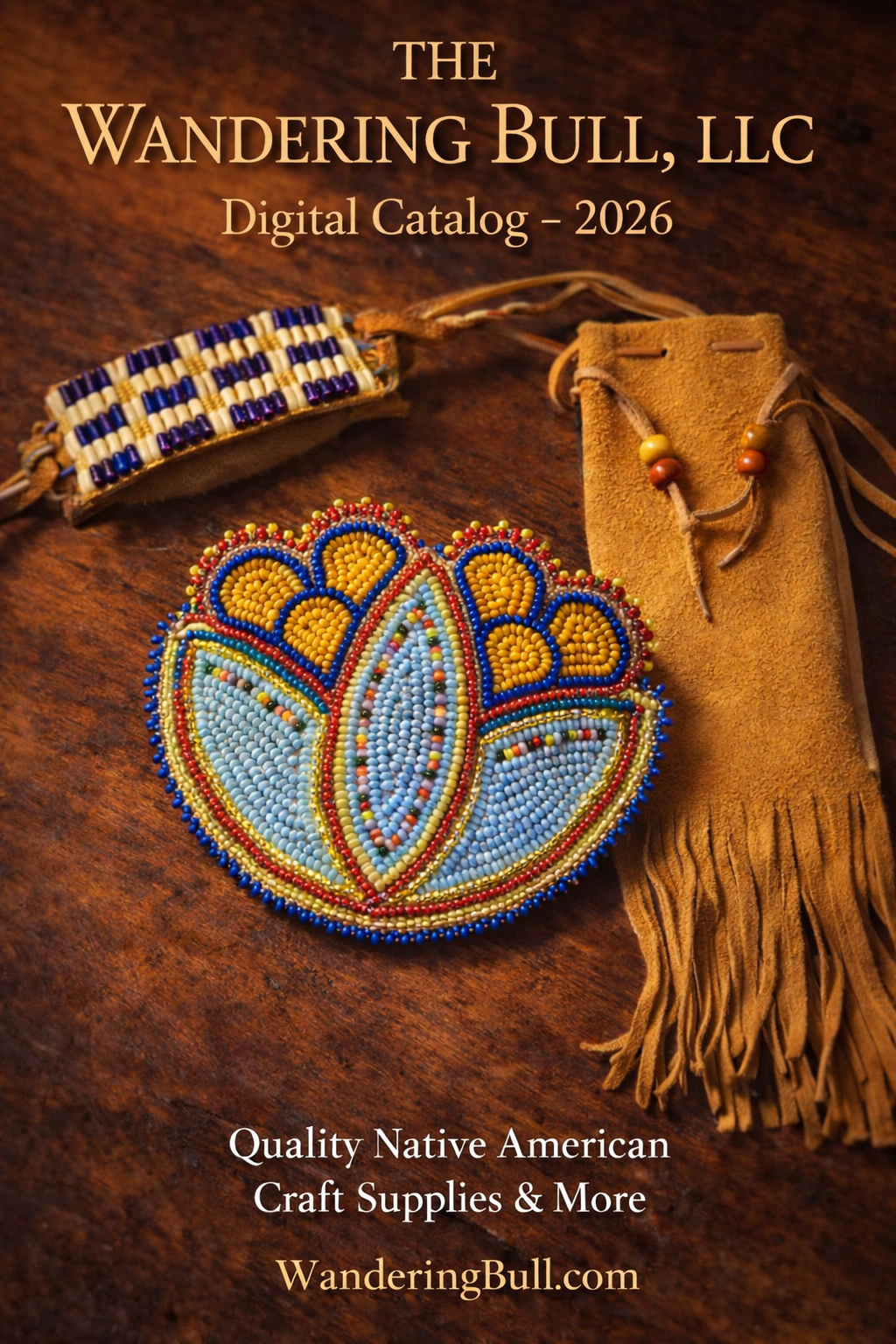 Catalog cover with beadwork leather bag and wampum bracelet.