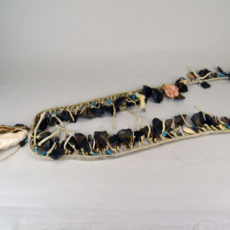contemporary Northern Plains Bandolier- Deer Toes. with abalone shell conchos, brass beads, trade beads, pink concho shells, ermine skin strips.