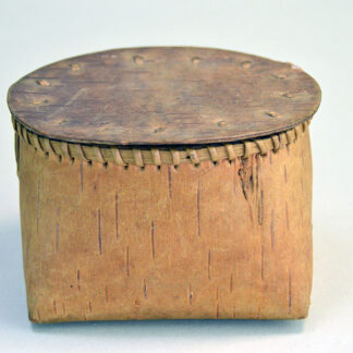 1950's tiny Basket- Birchbark with Lid. artist secured the container with traditional spruce‑root stitching. approx. 2.75" tall x 3.5" long. one of a kind