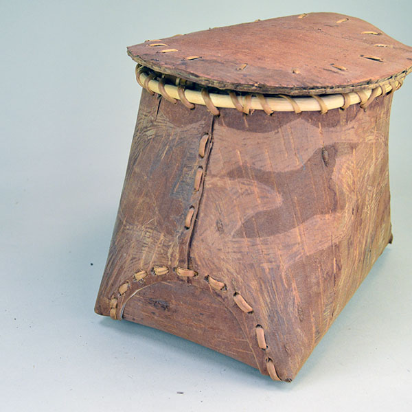 Fabulous birchbark basket with lid features hand‑etched animal designs around the container. container stands approx. 8.5"tall, 10" long by 7"wide. The other side stitching,