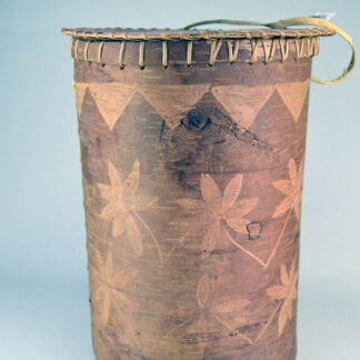 Basket- Birchbark with Lid Container features Floral etchings around the container and the cover.  stands 16" tall and measures 11.5" in diameter.
