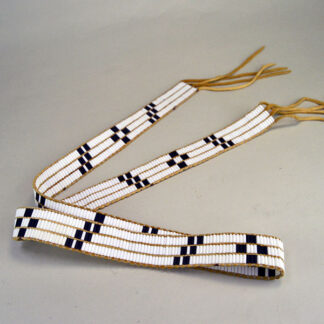 Belt Strap- Wampum 3 Row features a repeating geometric pattern. glass Wampum Beads in White and Cobalt Blue. approx. 43 Inches long x 1.25 inches wide.