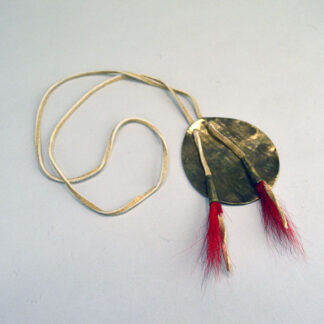 Contemporary Necklace- Eastern Woodlands Style necklace delivers bold visual impact. approx. 3‑inch brass medallion, copper‑cone red deer‑hair drops.