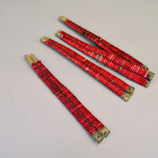 antique set of four Ornament- Quilled Tipi features vivid red‑dyed quills. Each piece measures approx. 5 inches long and 3/4 inch wide at its widest point.