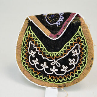 antique, late 1800s Mi'kmaq-style bag, measures approx. 4" x 4". It features a design using 16/0 seed beads intricately stitched onto black velvet.