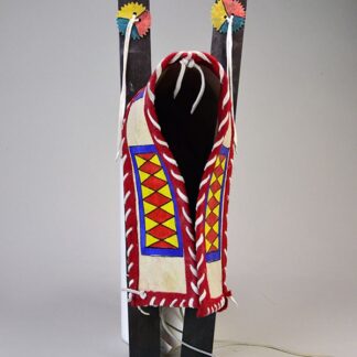 Cradleboard Parfleche features rawhide construction and a hand‑painted design. measures approximately 21 inches long, 7 inches wide at the head.