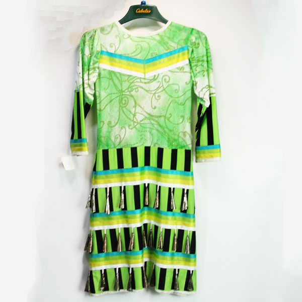 Child’s Jingle Dress, This Child’s Jingle Dress features a green and white top fabric decorated with sequins and glitter designs. Child’s Size Medium/Large. The back.