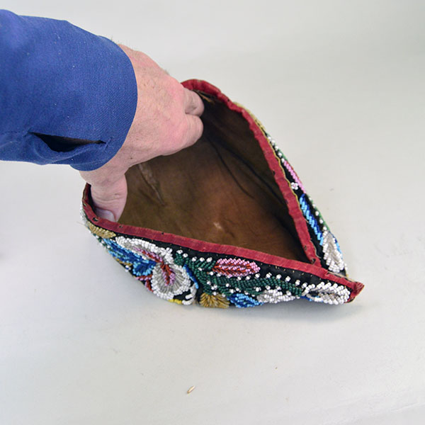 Antique Hat- Antique Beaded Glengarry, brown velveteen cap with a classic Iroquois‑style floral motif. hat shows wear, some bead loss. One of a Kind. The inside
