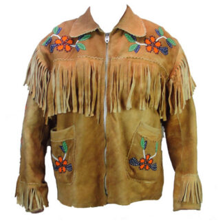 Jacket- Cree Style from the 1980s–1990s, in soft Braintanned moose hide. Braintanned fringe, with floral detailed beadwork. It fits roughly a size Large.