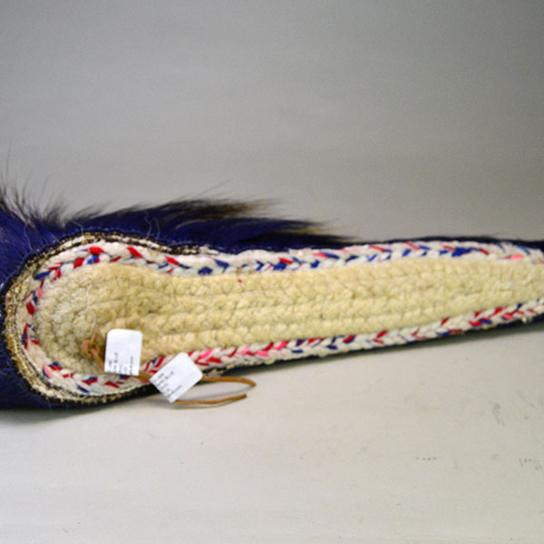 14" Dark Blue Roach is a well‑constructed, eye‑catching piece. Handmade braided‑yarn base, dark blue on the outside and white on the inside. The bottom showing the base.