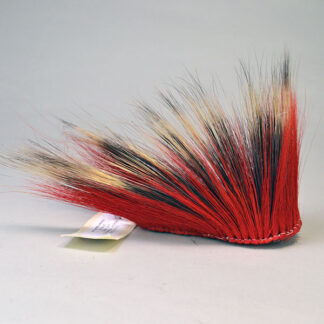 This Roach- 4.5" Teardrop is ready to wear, crafter built it on a yarn base and strung one row of porcupine hair with an outer row of red deer hair.