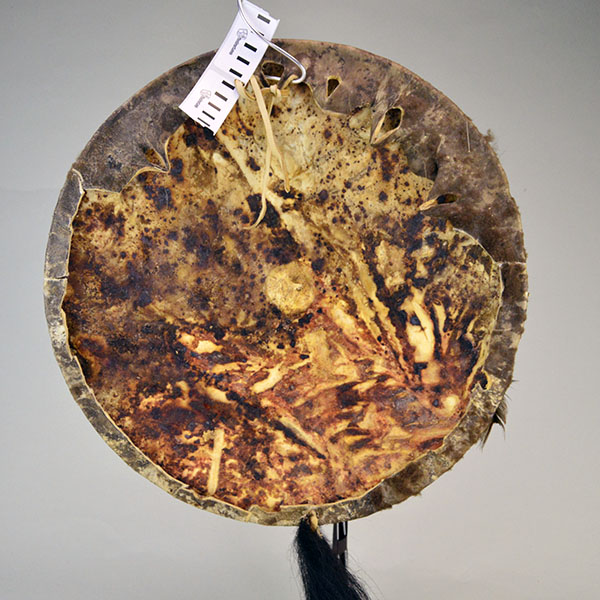 Striking shield features a 15″ buffalo‑rawhide body, quilled medicine wheel, Two old turkey feathers, a hose tail. One of a Kind. The inside view.