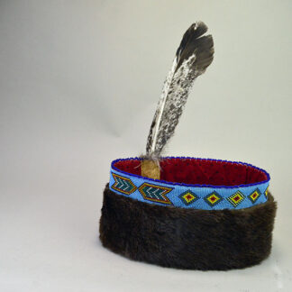 Striking Turban- Beaded with Otter will make a standout addition to your regalia. A vintage 1.5‑inch beaded strip on top, 23" in inside circumference.