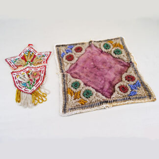 Early 1900s Whimsey- Pair showcases rich beadwork. Wall pockets measures approx. 6" x 5". Beaded panel measures Approx. 7.5" x 7.5". One of a Kind.