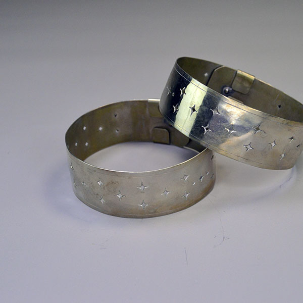 Handmade German Silver Armbands- Star Motif with a punched star design; adjustable 1.25" x 14" bands crafted for Powwow regalia and Living History wear.