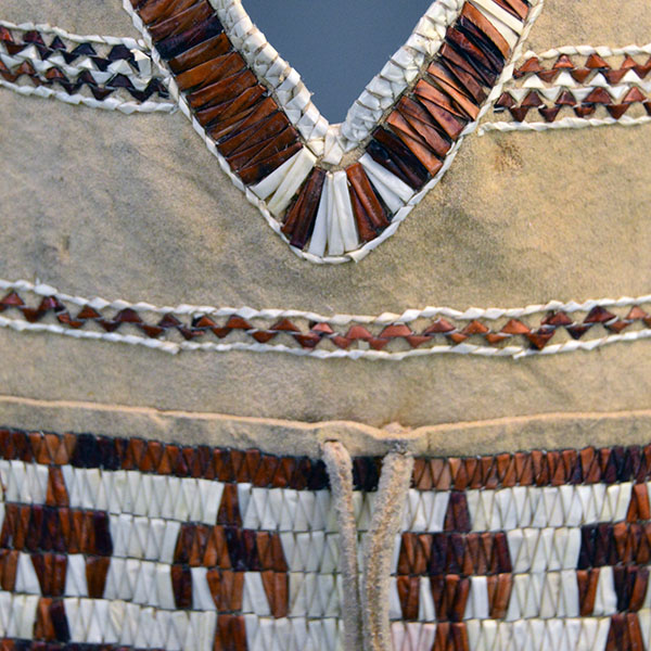 Bag- Quilled Thunderbird Motif with Braintanned leather, otter fur, deer‑hair drops, and antique white pony beads. Measures approx. 14.5" × 6". pictured here is the quill work on the top of the bag.