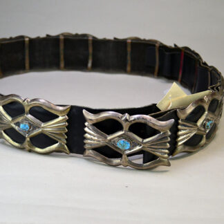 Vintage Belt- Navajo Sandcast Concho with turquoise stones, copper loops on the back of the concho, and adjustable strap. 34" long. One of a Kind.