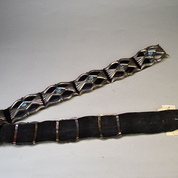 Vintage Belt- Navajo Sandcast Concho with turquoise stones, copper loops on the back of the concho, and adjustable strap. 34" long. One of a Kind. A larger view of the front and back.