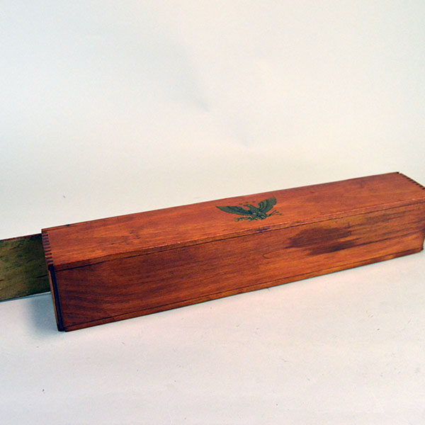 Box- Cedar Feather Case, 17"x 3 "x 2.75" . Recycled cedar feather case with eagle decals and a smooth sliding lid for secure feather storage. The bottom view.