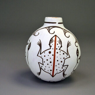 Vintage 1993 Canteen- Hand-painted Frog & Tadpoles by Esalio and Eustace; red/black slip, floral reverse, rounded base; approx. 5″ tall × 4.5″ wide.