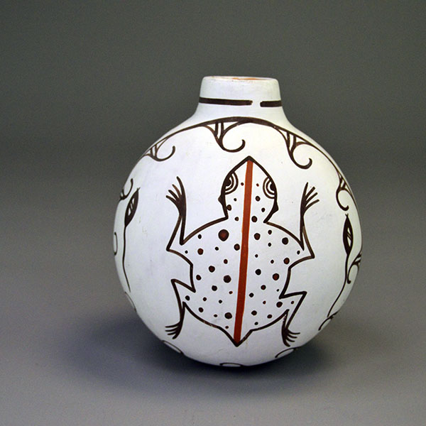Vintage 1993 Canteen- Hand-painted Frog & Tadpoles by Esalio and Eustace; red/black slip, floral reverse, rounded base; approx. 5″ tall × 4.5″ wide.