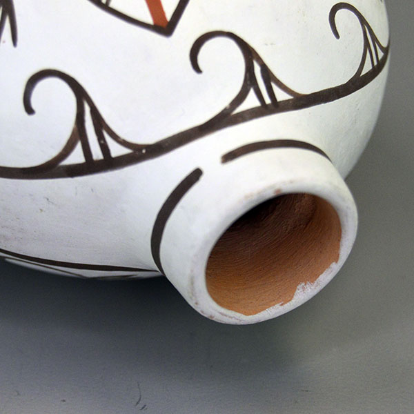 Vintage 1993 Canteen- Hand-painted Frog & Tadpoles by Esalio and Eustace; red/black slip, floral reverse, rounded base; approx. 5″ tall × 4.5″ wide. The Opening.