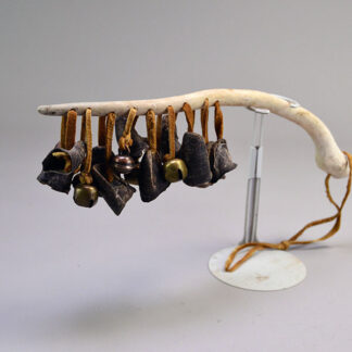 Dance Rattle- Deer Toes with 10 deer toes, 8 bells, 10″ bone handle, Braintanned leather lacing and wrist strap; handcrafted for dance or display.