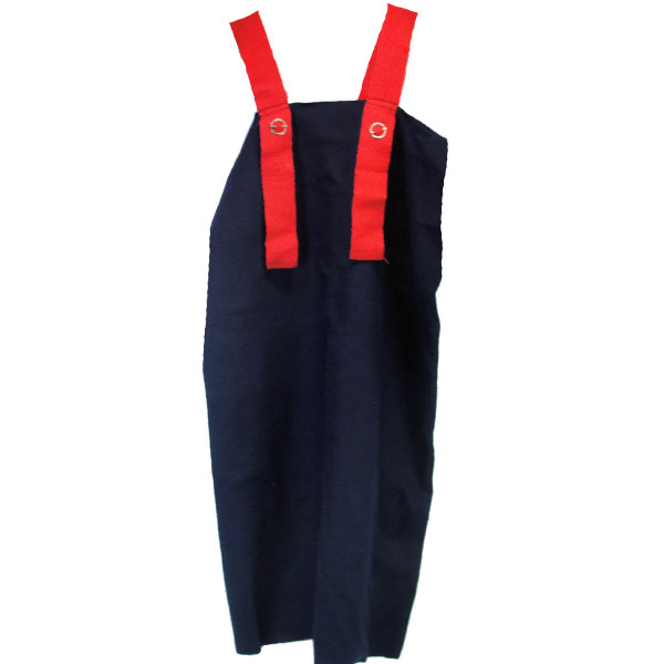 Dress- Handmade Strap Dress wool navy blue , red wool straps, brooch accents, Approx. size‑12 fit. 20–22 inch width, 34‑inch length. One of a kind. With out the sleeves.
