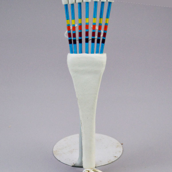 Flat Fan- With Macaw Feathers, vivid green accents, white leather handle with tassels, and bold color for regalia or display. Measures 18.5 inches long. Pictured here is the thread wrapped at the base of the feathers. against the white leather handle.