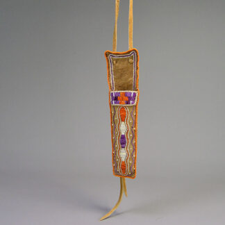Knife Sheath- Hand Quilled smoked Braintanned deer‑skin with vibrant quillwork, seed‑bead edging, rawhide blade protection, and an adjustable neck strap.