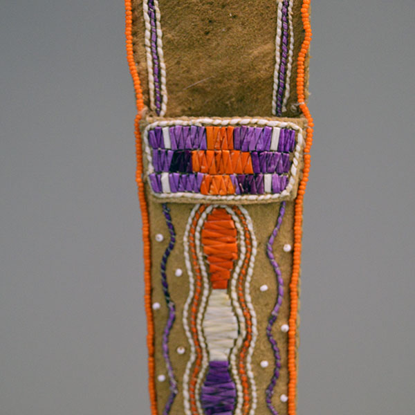 Knife Sheath- Hand Quilled Braintanned deerskin with vibrant quillwork, seed‑bead edging, and an adjustable neck strap. One of a Kind! Pictured here is the top show casing the quill work design.