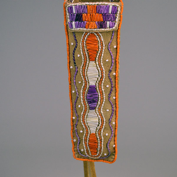Knife Sheath- Hand Quilled Braintanned deerskin with vibrant quillwork, seed‑bead edging, and an adjustable neck strap. One of a Kind! this pictures is showing the quill work design.