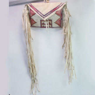 Parfleche Bag- Soft Rawhide with half‑tanned hide for a soft feel, Northern Plains style designs, and long side fringe. Measures 15 inches by 11 inches.