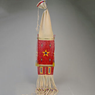 Pipe Bag- Double-sided Quillwork, Braintanned deerskin, braided fringe, cone‑drop tassels, and brass bells. Measures 45" with light age wear.