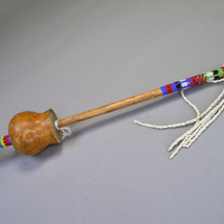 Dance Rattle Gourd- Beaded Handle with a real Bell Gourd, Peyote‑stitched beaded handle, twisted fringe, turquoise feathers, approx. 22.5 inches long.