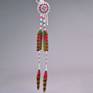Scalp Feather- Pheasant Feathers with thread‑wrapped dividers, a 2" seed‑bead rosette, bright accent feathers, and a 14" overall length.