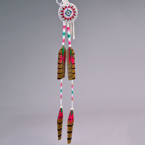 Scalp Feather- Pheasant Feathers with thread‑wrapped dividers, a 2" seed‑bead rosette, bright accent feathers, and a 14" overall length.