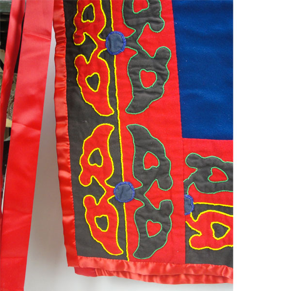 Skirt & Hood Set- Beaded Abstract floral motif, heavy wool, flannel lining, silk accents, bead outlines, approx. 30" × 45" for the skirt and 15" × 9" hood. Here is a picture of the side that has the abstract floral beaded.
