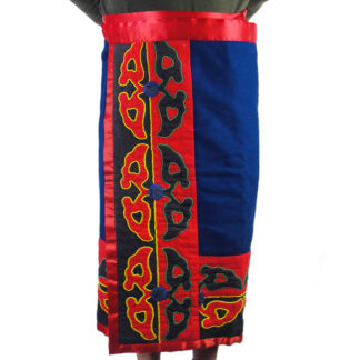 Skirt & Hood Set- Beaded Abstract floral motif, heavy wool, flannel lining, silk accents, bead outlines, approx. 30" × 45" for the skirt and 15" × 9" hood. here is the front of the skirt.