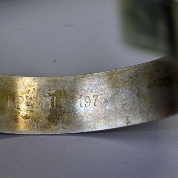 German Silver armband and cuff set with full hand‑stamped designs, maker’s marks “S” and “R,” plus NPW‑III‑1975 on cuffs. One of a Kind. Pictured here is the stamped npw-III- 1975 on the inside of the cuffs.