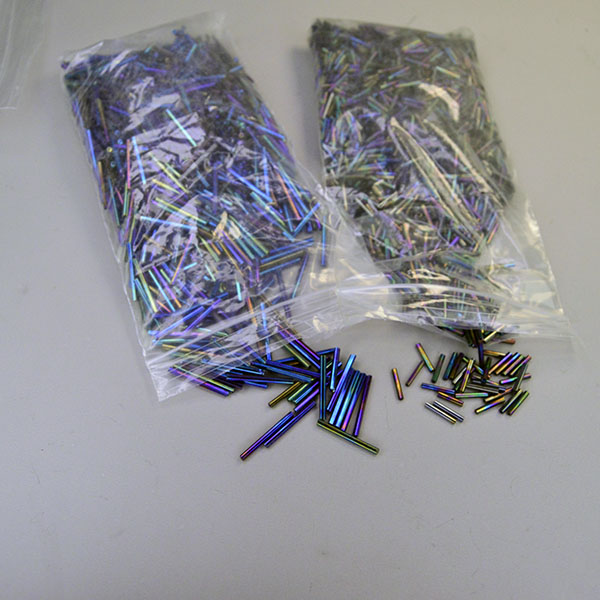 Bead Lot- Iris Rainbow Bugle lot, 15 oz with two sizes for detailed beadwork, textured designs, and flowing fringe. One of a Kind. Here is the two bag you will get in this lot.