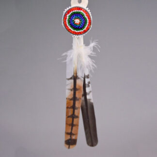 Scalp Feathers- Hand-painted Hawk Feathers with 1.5" beaded rosette, 10/0 seed beads, white deerskin wrap, traditional Native‑inspired feather craft.