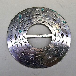 Scarf Slide- 2.5" Circular with hand‑stamped scallops and diamond cutouts. Smooth angled opening for easy glide; perfect for regalia and neckwear.