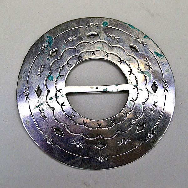 Scarf Slide- 2.5" Circular with hand‑stamped scallops and diamond cutouts. Smooth angled opening for easy glide; perfect for regalia and neckwear.